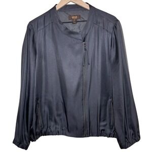 Victor‎ Alfaro 100% Silk Lightweight Gunmetal Gray Zip Bomber Jacket Size 16